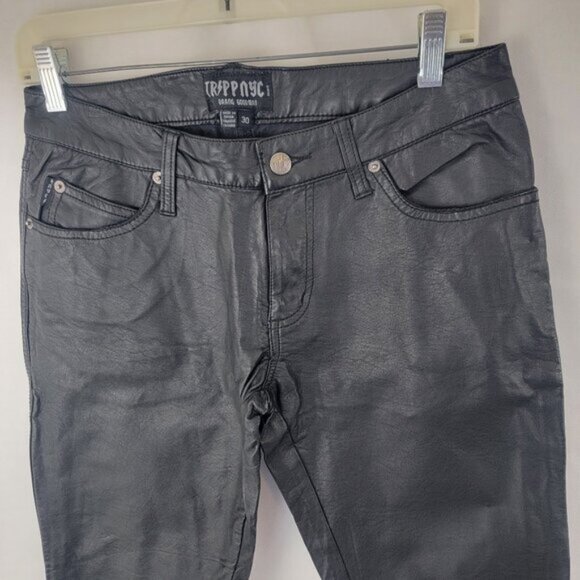 TRIPP NYC Mens Pants Sz 30 Black Faux Leather Pleather Vegan Skinny Goth Punk - Picture 2 of 14